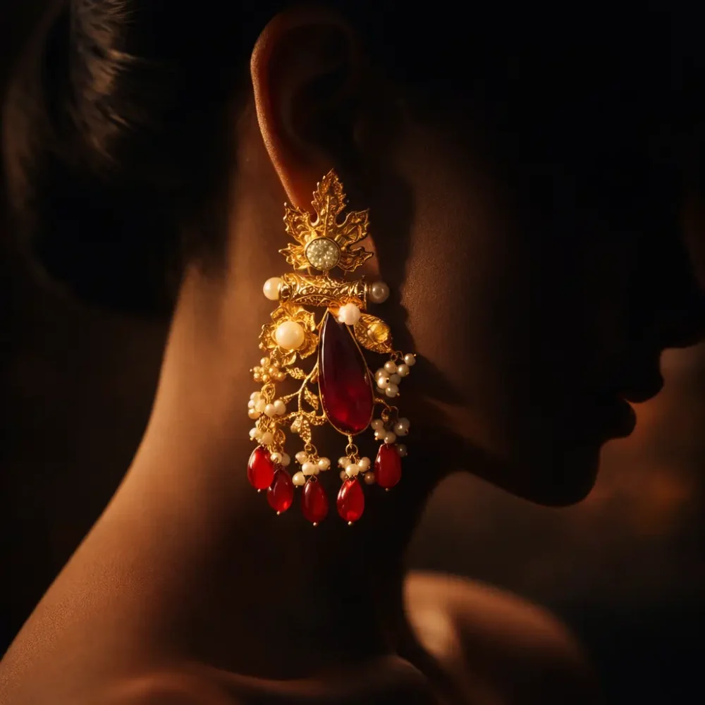 Gold Plated Earrings with Ruby