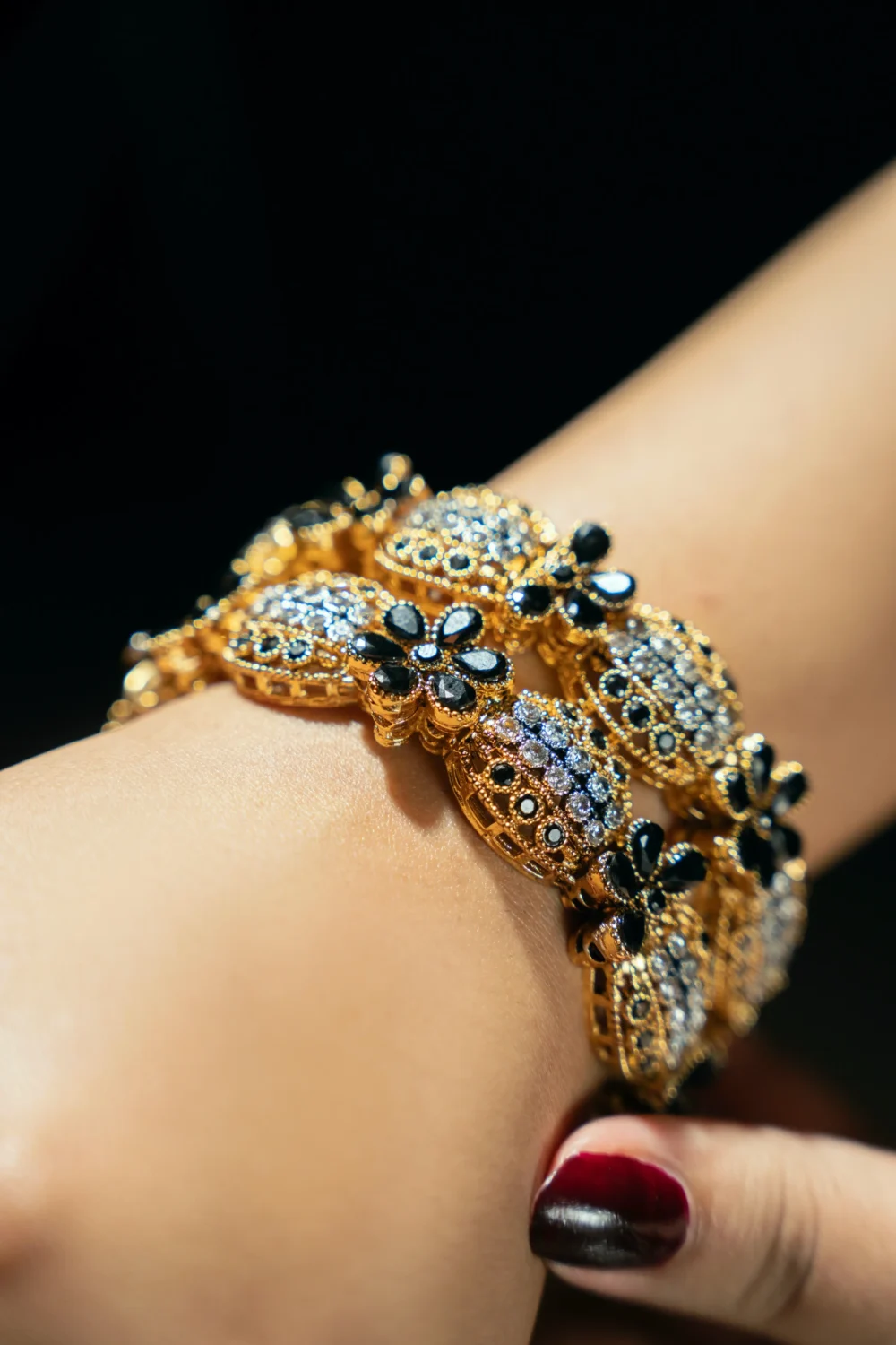 Gold Bangles with Black Floral Design